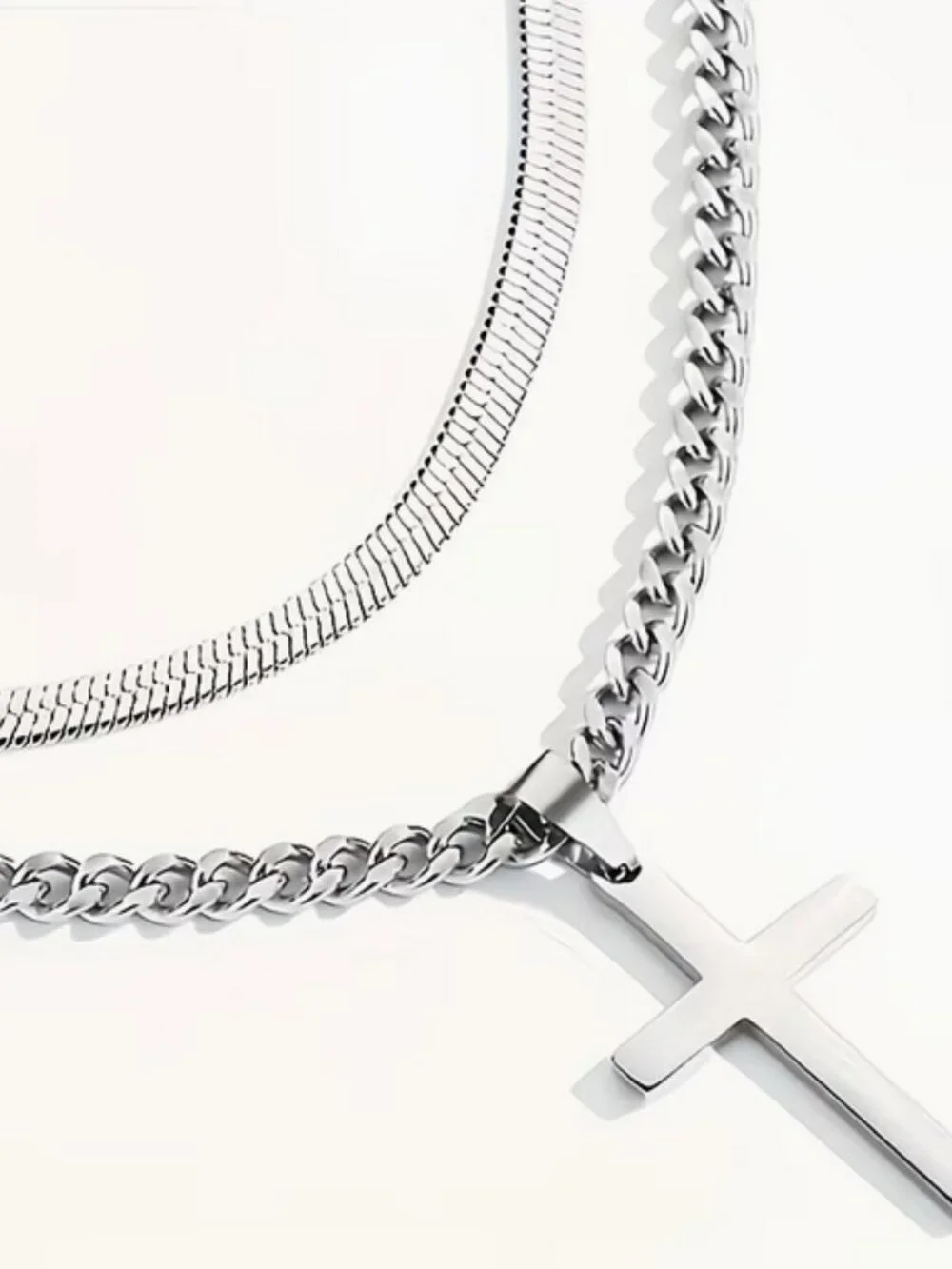 Two Chain Combo, One Chain with a Cross Pendant and an Additional Snake Chain